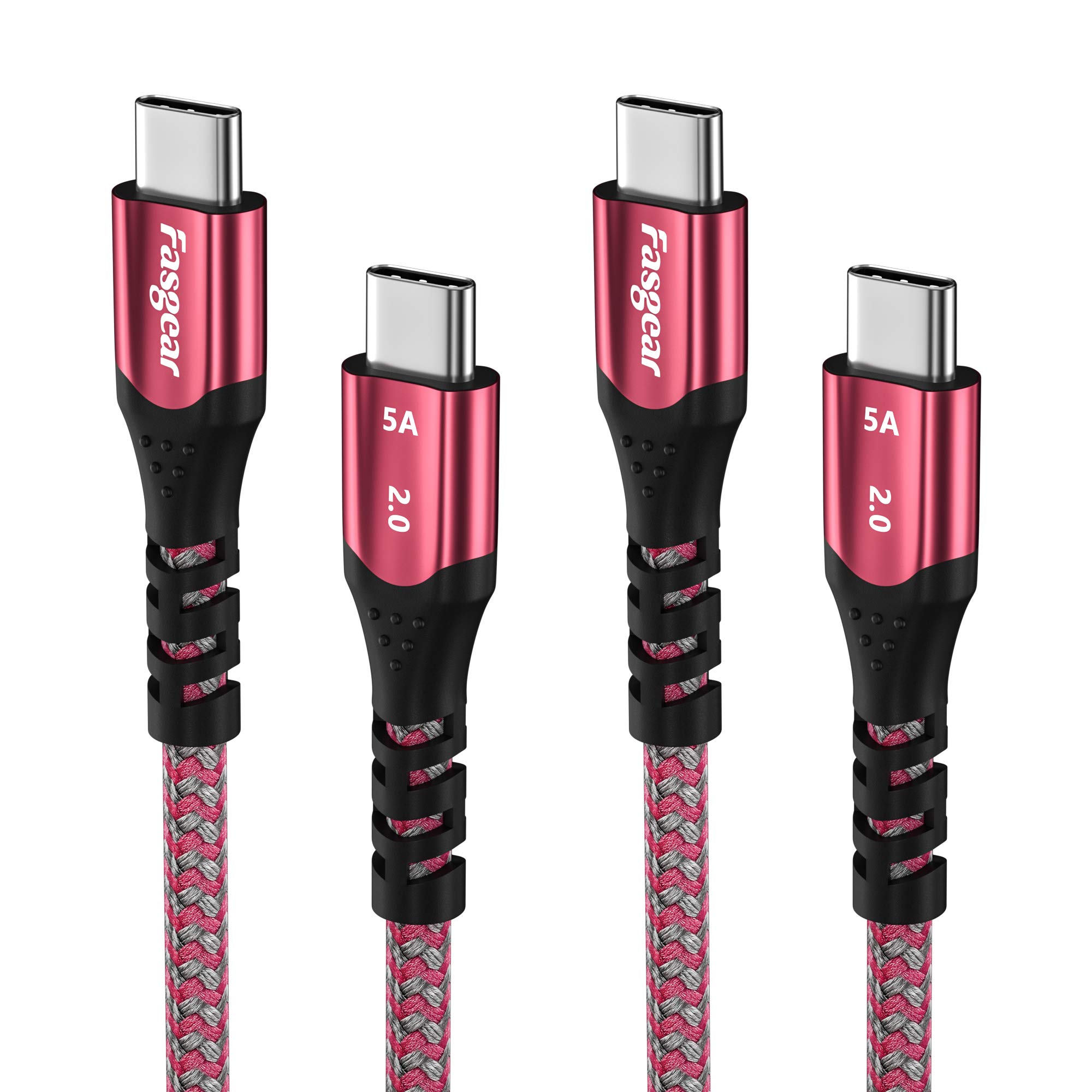 Fasgear USB C to USB C Cable, Nylon Braided 100W Charging Cable Powerline Compatible with 2018 Mac-Book Air, 2018 iPad Pro, 2017/2018 Mac-Book Pro, Galaxy Note 10 S10, Switch (10ft, 2 Red)
