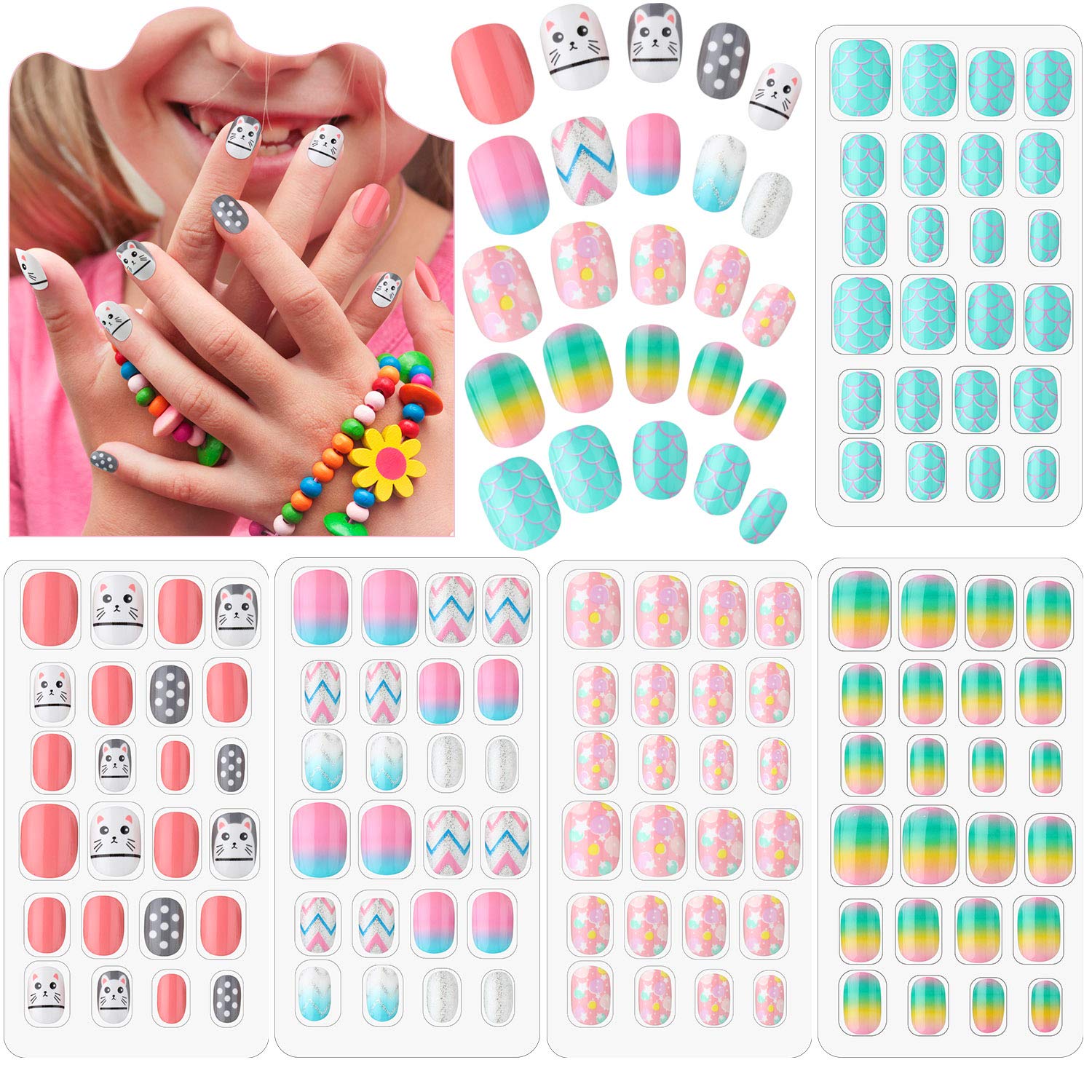 Photo 1 of 120 Pieces Kids Press on Nails Children Fake Artificial Nails Girls Full Cover Short False Fingernails for Girls Kids Design Decoration(Sweet Girl)
