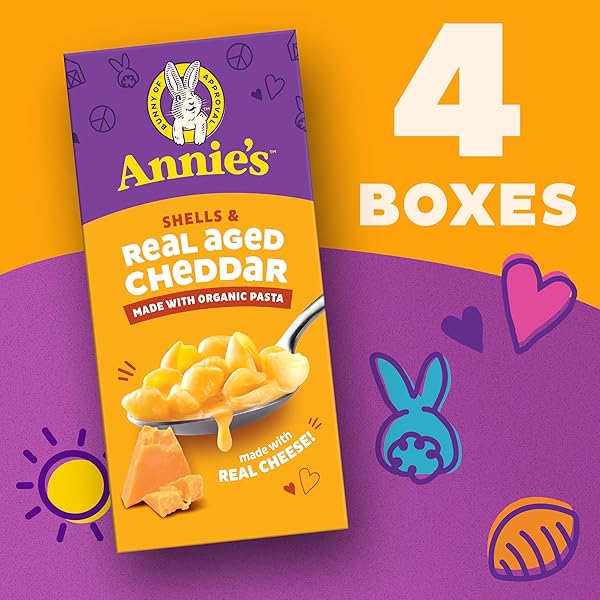 ANNIE’S SHELLS AND REAL AGED CHEDDAR, MADE WITH ORGANIC PASTA AND REAL CHEESE, 4 CT, 24 OZ
