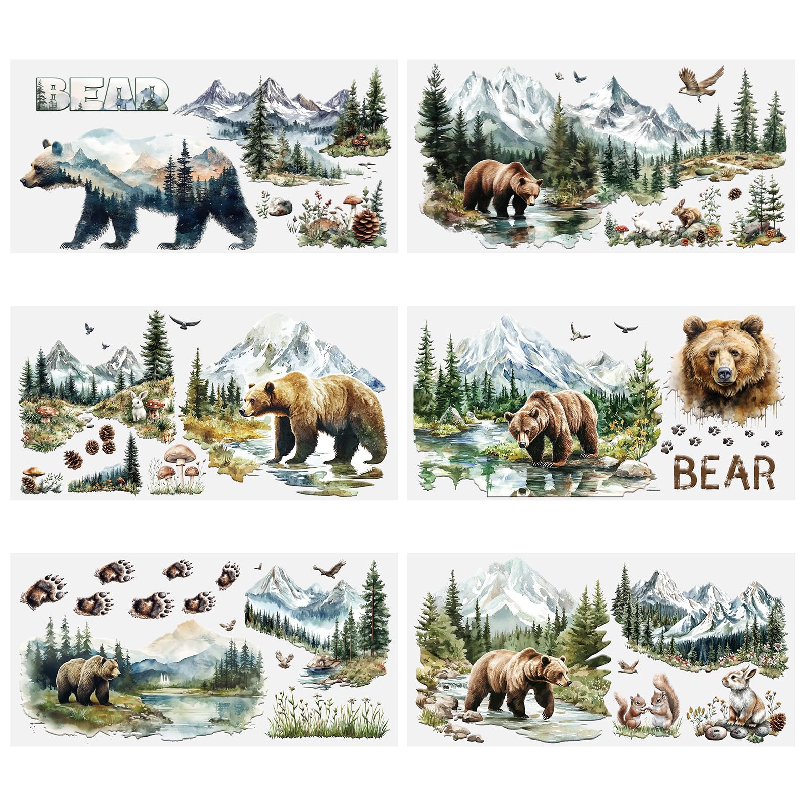 HICOHAND Rub on Transfers for Crafts, 6 Sheets Waterproof Rub on Transfer Stickers, Forest Bear Designs