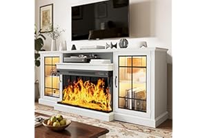MXV 70'' Fireplace TV Stand, Farmhouse Entertainment Center with 3 Sided Glass TV Stand, Modern Media Console Table with Storage Drawers & Cabinets with LED Flame and Lights for Living Room, White
