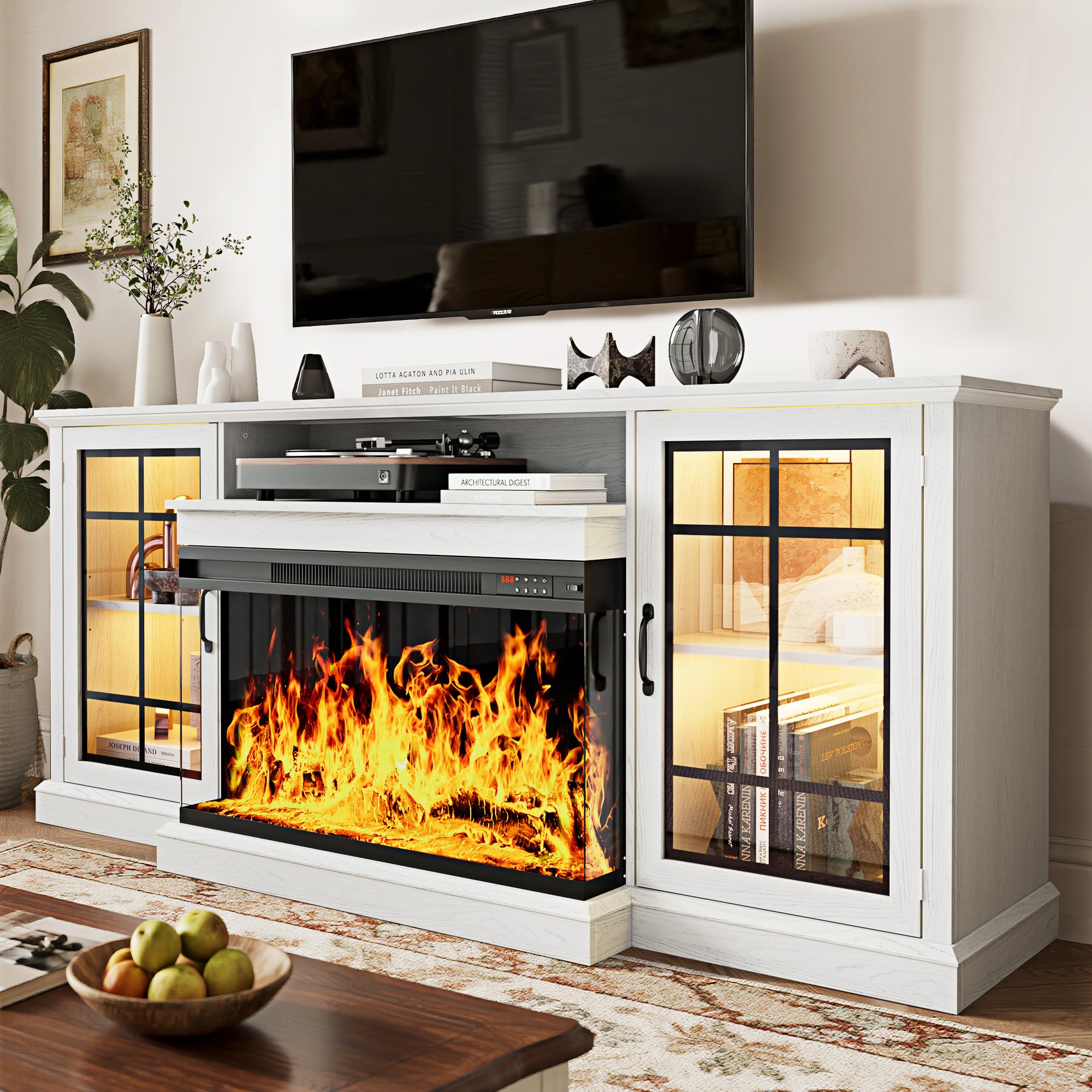 Photo 1 of **Untested**
MXV 70'' Fireplace TV Stand, Farmhouse Entertainment Center with 3 Sided Glass TV Stand, Modern Media Console Table with Storage Drawers & Cabinets with LED Flame and Lights for Living Room, White