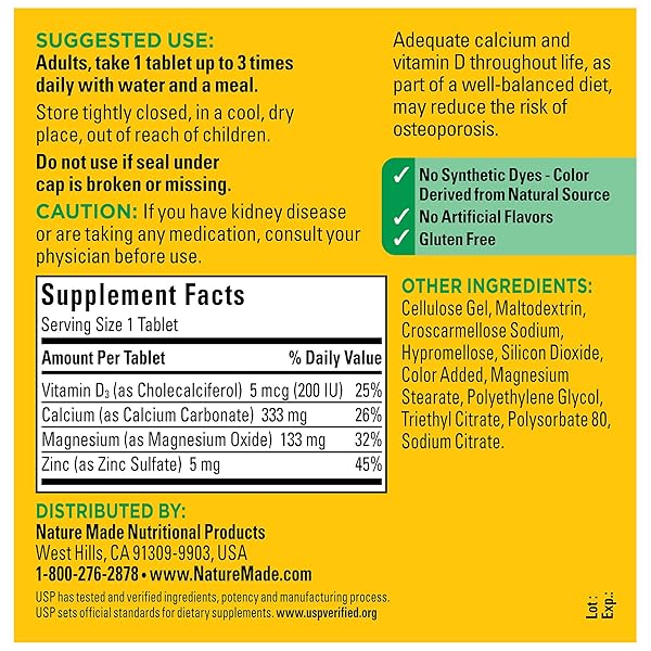 NATURE MADE CALCIUM MAGNESIUM ZINC WITH VITAMIN D3, DIETARY CALCIUM SUPPLEMENT FOR BONE SUPPORT, 300 TABLETS