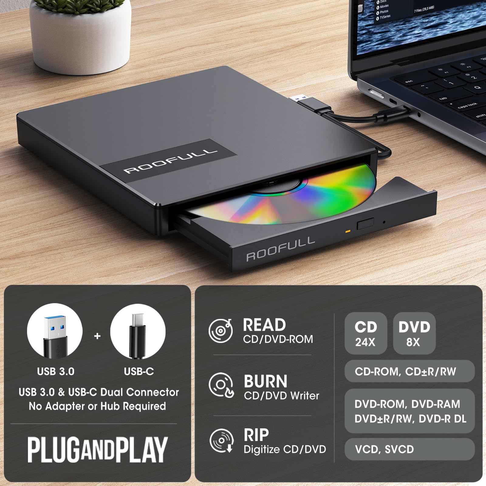 ROOFULL External CD DVD Drive for Laptop 8-in-1 USB 3.0 & USB-C DVD Player CD-ROM/RW Disc Reader Writer Burner with Carrying Case & SD Card Slots + USB Ports for Mac PC MacBook Windows 11/10 Computer