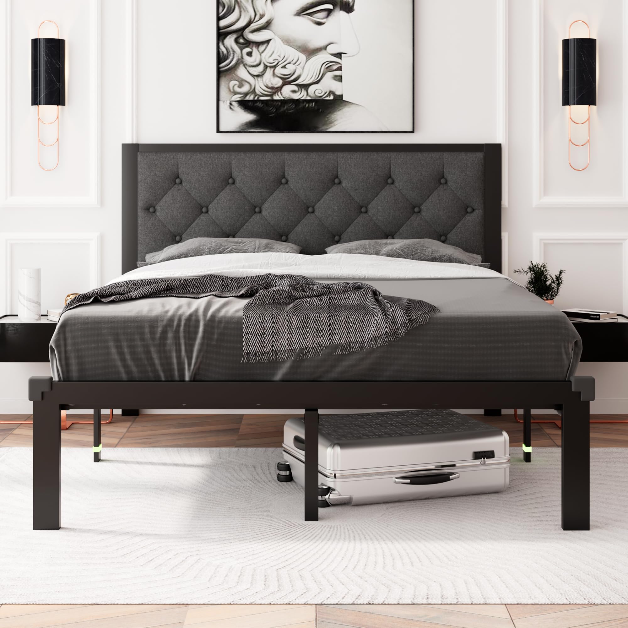 Photo 1 of ****MISSING HARDWARE****Feonase Full Size Metal Bed Frame, Heavy-Duty Platform Bed Frame with Linen Upholstered Headboard, 12" Storage Space, Steel Slats Support, No Box Spring Needed, Gray