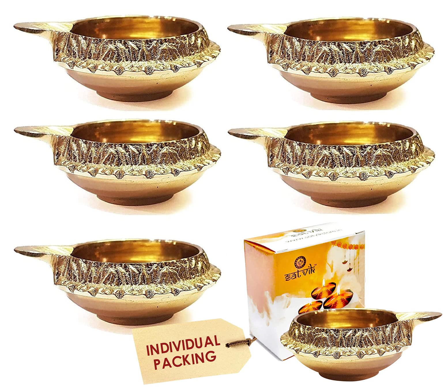 SATVIK 6 Pc Kuber Diya for Diwali Decoration. Handmade Oil Lamp Golden Engraved Made of Virgin Brass Metal Vilakku for Puja Pooja. Traditional Indian Deepawali Housewarming Return Gift Items