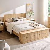 T4TREAM Fluted Queen Bed with Headboard and Storage Bench, Natural Oak | Wingback Design, Footboard Drawers and Compartments, Wood &amp; Steel Platform Bed, Noise-free, No Box Spring Needed