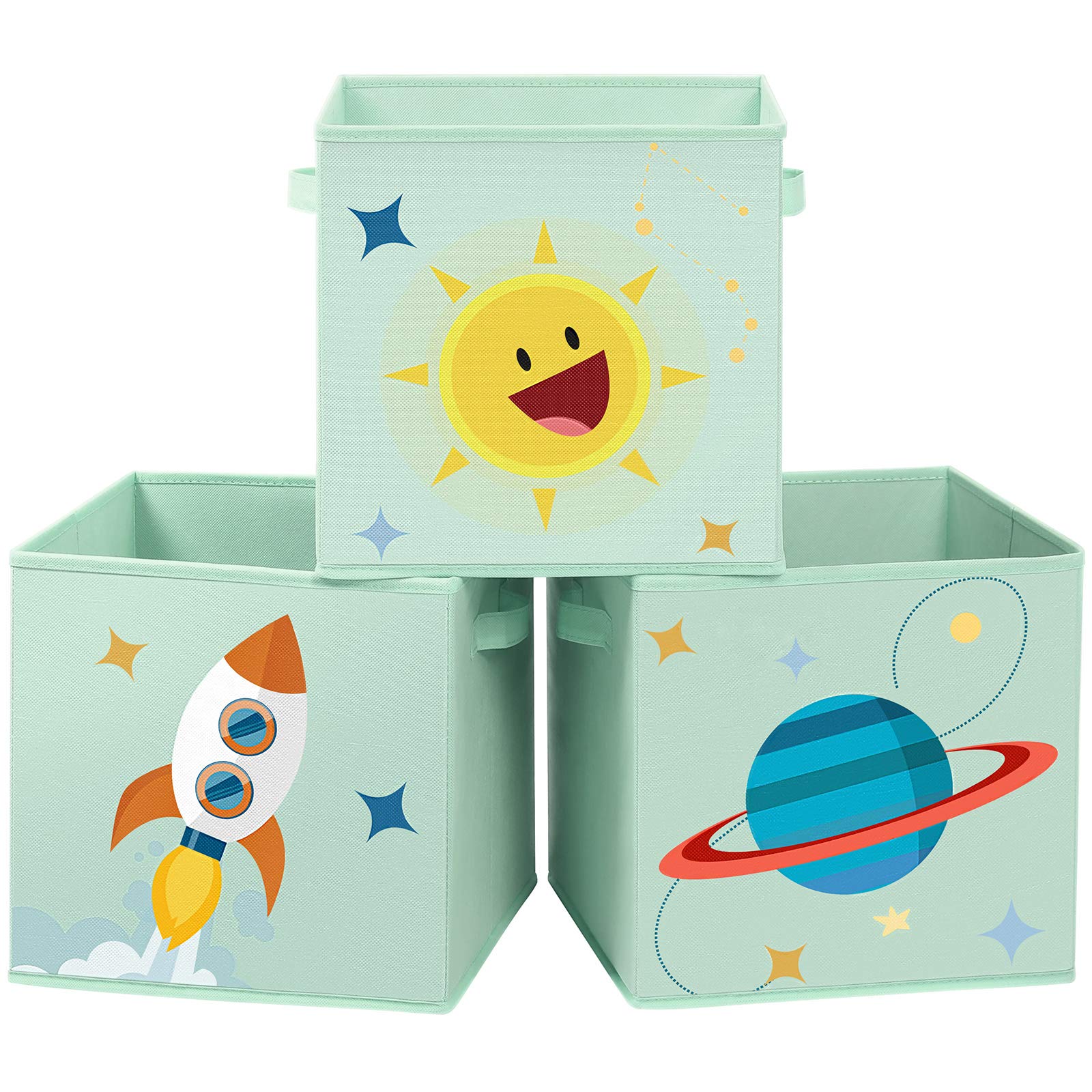 SONGMICS Storage Boxes, Set of 3, Toy Organizers, Foldable Cubes with Handles, for Children's Room, Playroom, 30 x 30 x 30 cm, Space Theme, Green RFB001G03