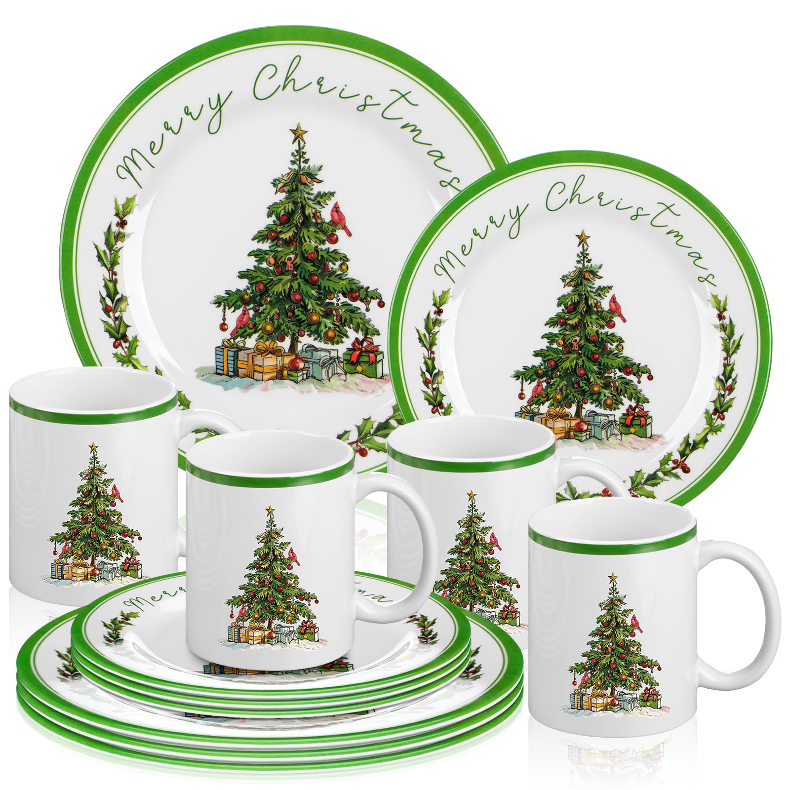 Photo 1 of *DAMAGE* Teenyyou 11 Pcs Christmas Tree Dinnerware Set Service for 4 Include 10'' Melamine Dinner Plate and 8'' Dessert Plate Ceramic Mug for Xmas Party, Gift for Christmas