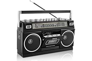 WISCENT Retro Classic 80s Style Portable Boombox with Cassette Player Recorder, AM/FM/SW1/SW2 Radio, Bluetooth, USB/Micro SD Slots, Headphone Jack, 24W Dual Full-Range High Bass Speakers