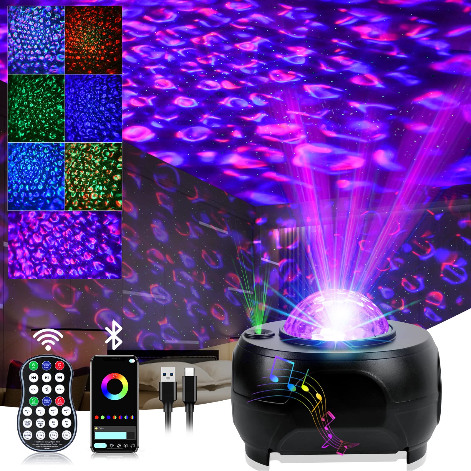 URAQT Star Projector Lamp, 7 Colours, 28 Lighting Effects, Star Galaxy Light Projector with Bluetooth Speaker and Remote Control, Children's Night Light for Decorative.