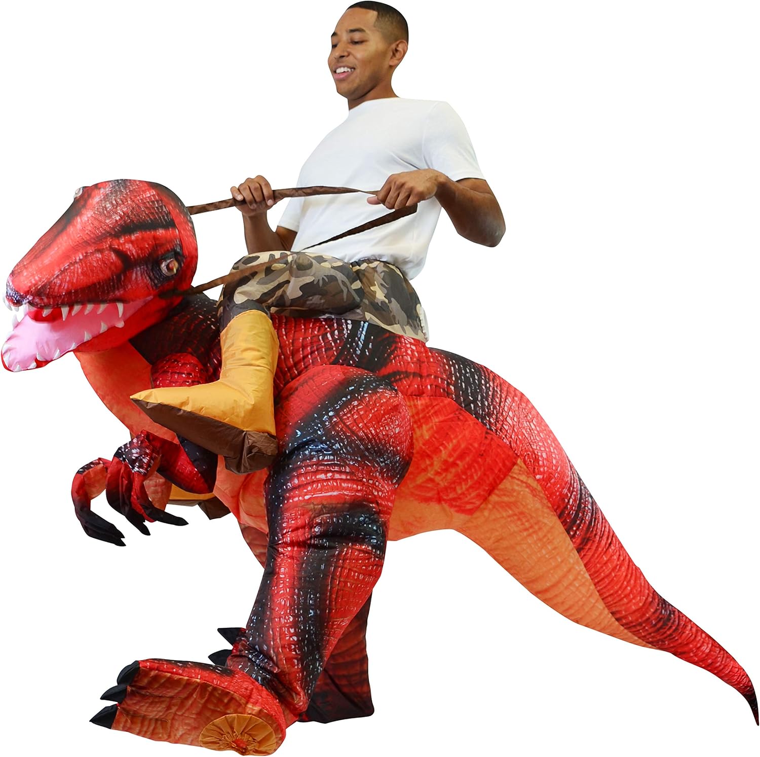 Spooktacular Creations Inflatable Raptor Riding a Raptor Dinosaur Deluxe Costume with Light-up LED Eyes- Adult (Red): Toys & Games