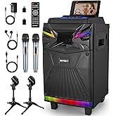 GTSK10-1 DSP Karaoke Machine for Adults, Portable PA Bluetooth Speaker with Dual Wireless Mics, USB Audio Interface for Live Streaming, Real-Time Monitoring, LED Lights for Home, Party & Outdoors