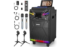 GEYGUY GTSK10‑1 Karaoke Machine with 2 Wireless Microphones, 10" Big Portable Bluetooth Speaker for Adults with LED Light PA System Treble & Bass, Live Streaming & Voice Monitoring for Home Party Dj Outdoors