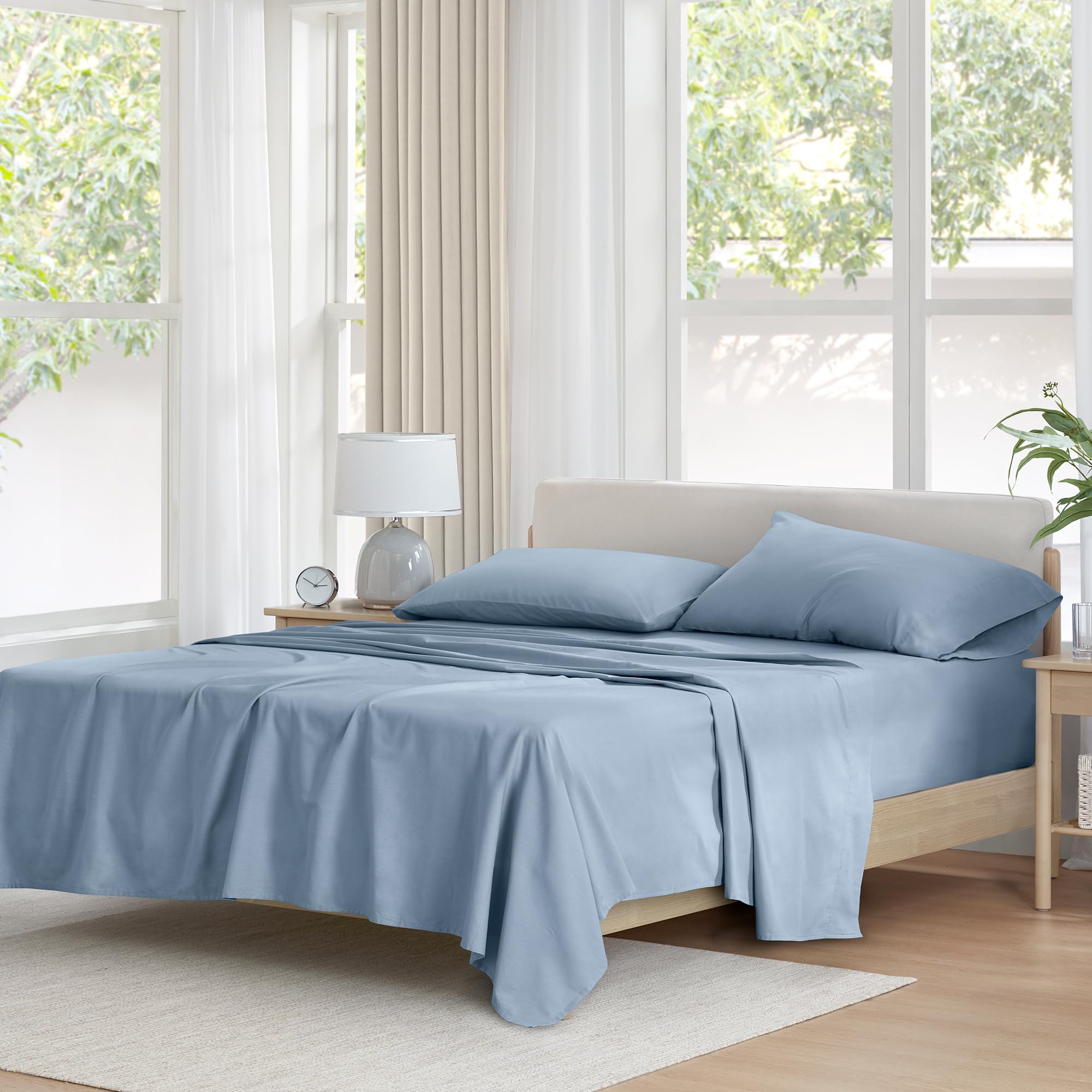 Photo 1 of Comfort Spaces 100% Cotton Sheet Set Breathable, Lightweight, Soft with 14" Elastic Pocket Fits up to 16" Mattress, All Season Cozy Bedding, Matching Pillow Case, King Blue 4 Piece