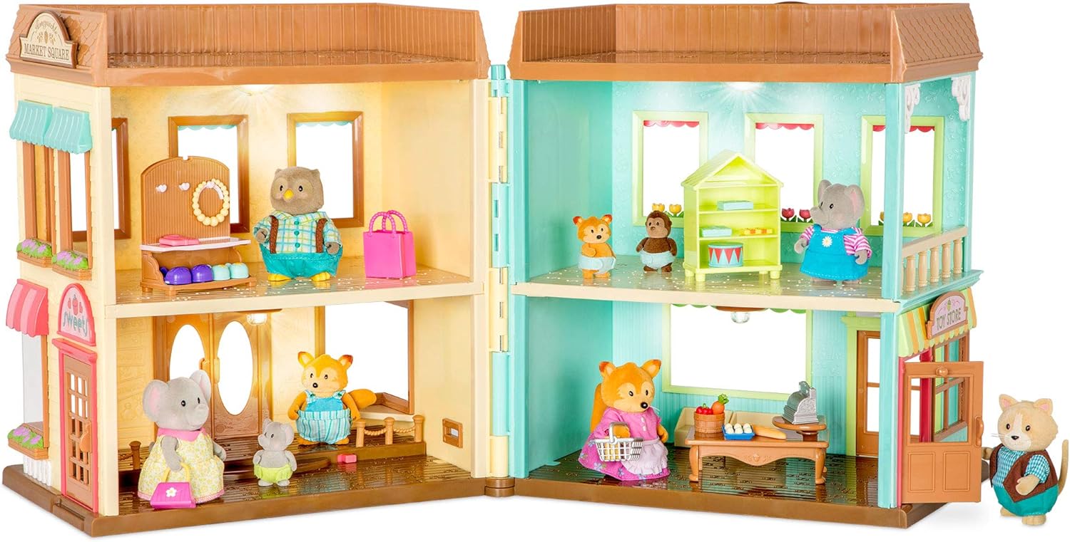 Li'l Woodzeez, Honeysuckle Square Market & Shopping Playset with 24 Pieces
