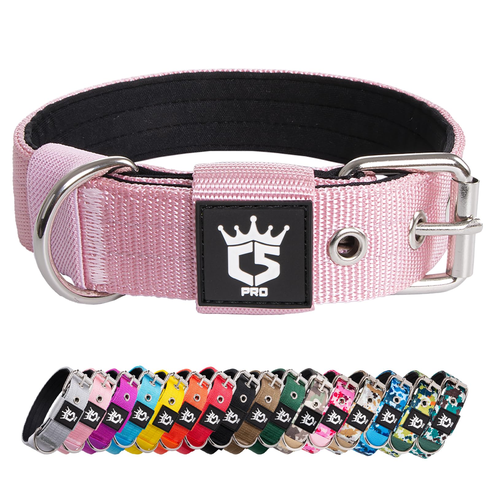 TSPRO Heavy Duty Tactical Dog Collar 1.25" Wide, Padded Dog Collar with Metal Buckle, Adjustable for Walking Training Outdoor for Small Dogs (Pink, S)