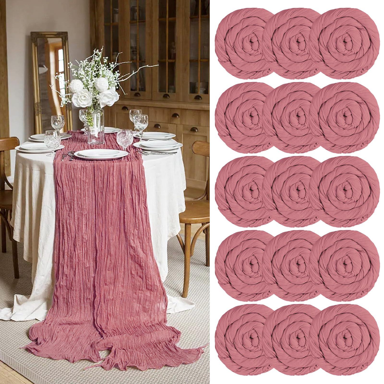 15 Packs Cheesecloth Table Runner Dusty Rose Semi-Sheer Table Runner 55x400cm, Dark Pink Rustic Gauze Boho Table Runner, Wedding Table Decor Table Cloth for Bridal Shower Party Wedding Holiday