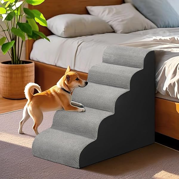 DOG STAIRS FOR BED 28.7”H, 5-STEP DOG RAMP, NON-SLIP STURDY PET STEPS FOR SMALL DOGS & CATS TO GET ON HIGH BED OR COUCHES, GREY