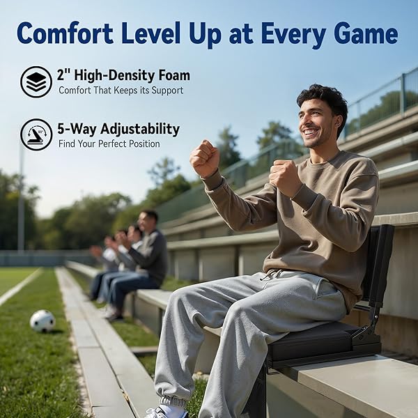 STADIUM SEATS WITH BACK SUPPORT FOR BLEACHER, PORTABLE 5-ANGLE AND ADJUSTABLE HEIGHT THICK CUSHION SEAT WITH CUP HOLDER STORAGE BAG, INCLUDES SHOULDER STRAP, USED FOR SPORTS EVENTS AND CONCERTS