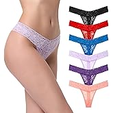 Wironoat Lace Thongs Comfortable Women Plus Size Thong Lace Panties Blue Grape Red Violet Peach Black Size 2XL Pack 6