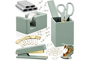 KIBAGA Aesthetic Desk Accessories Set - A Complete Desktop Organizer Set For Women Enhances Any Office Decor - An Office Supplies Kit w Gold Finish incl. Pen Holder, Scissors, Stapler, Tape Dispenser & More
