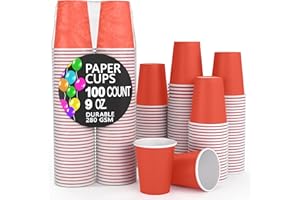 Exquisite Red Paper Cups - 9 oz Disposable Coffee Cups 100 Paper Cups for Hot/Cold Drinks- Durable Disposable Cups 280 GSM Ho