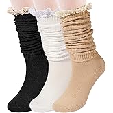 3 Pairs Slouch Socks for Women, Ruffle Frilly Turn Cuff Socks, Vintage Knit Scrunch Knee High Boot Socks Size 5-11
