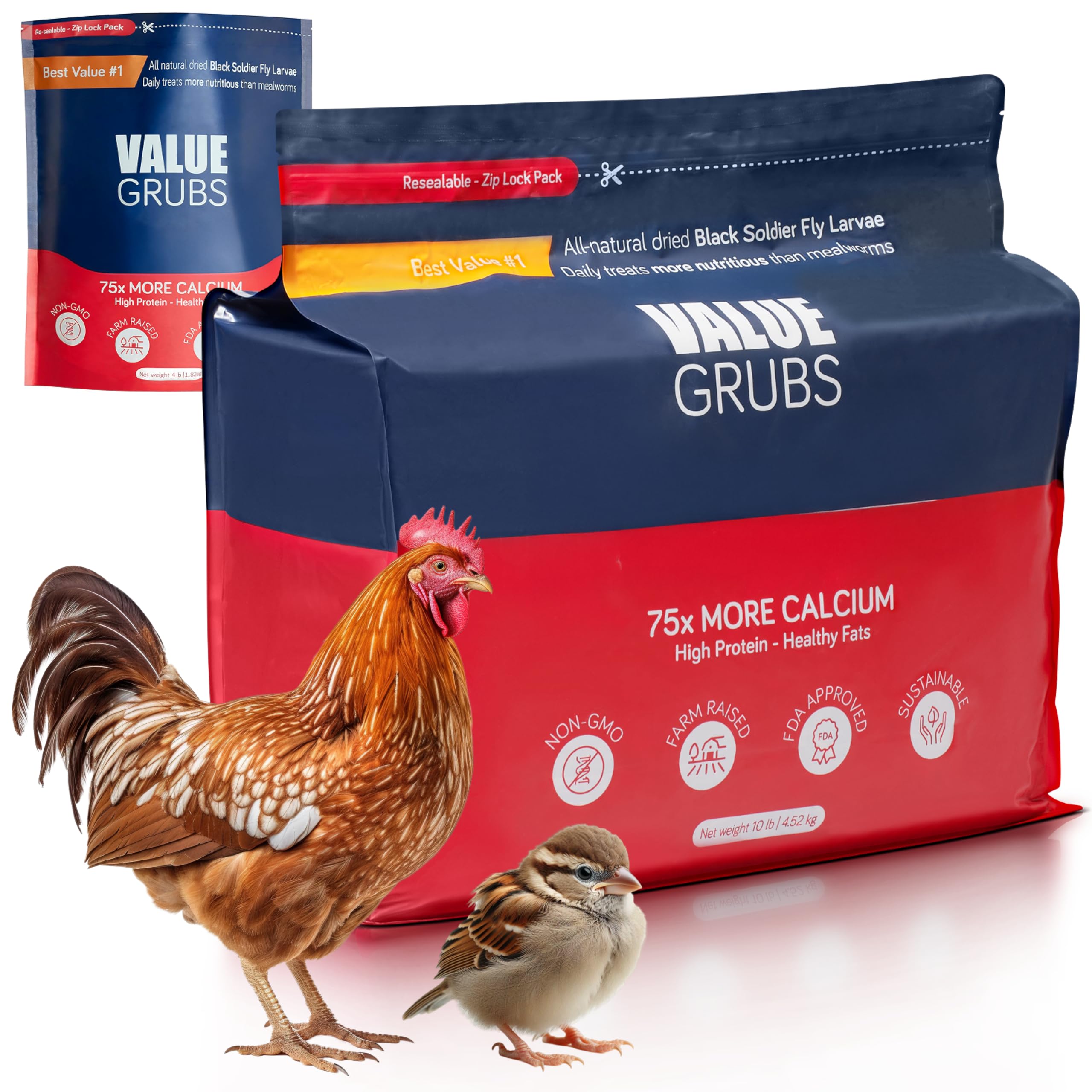 Value Grubs Black Soldier Fly Larvae for Chickens - Better Than Dried 10 lbs Non-GMO - 75X More Calcium Than Meal Worms - Bird & Poultry Feed Supplement - Farm Raised High Protein - Resealable Bag Image