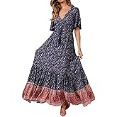 R.Vivimos Womens Summer Cotton Short Sleeve V Neck Floral Print Casual Bohemian Midi Dresses
