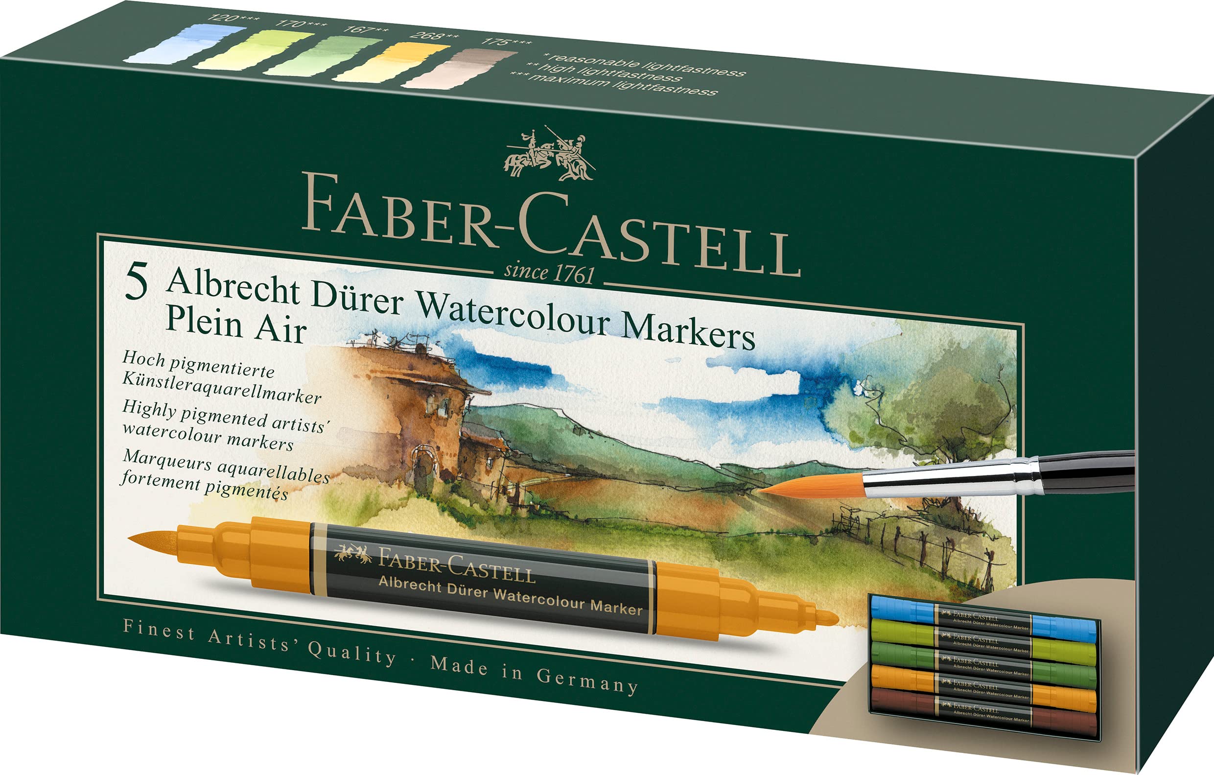 Faber-Castell Albrecht Dürer 160309 Watercolour Marker with Double Tip for Flat and Precise Colour Application Pack of 5 Natural