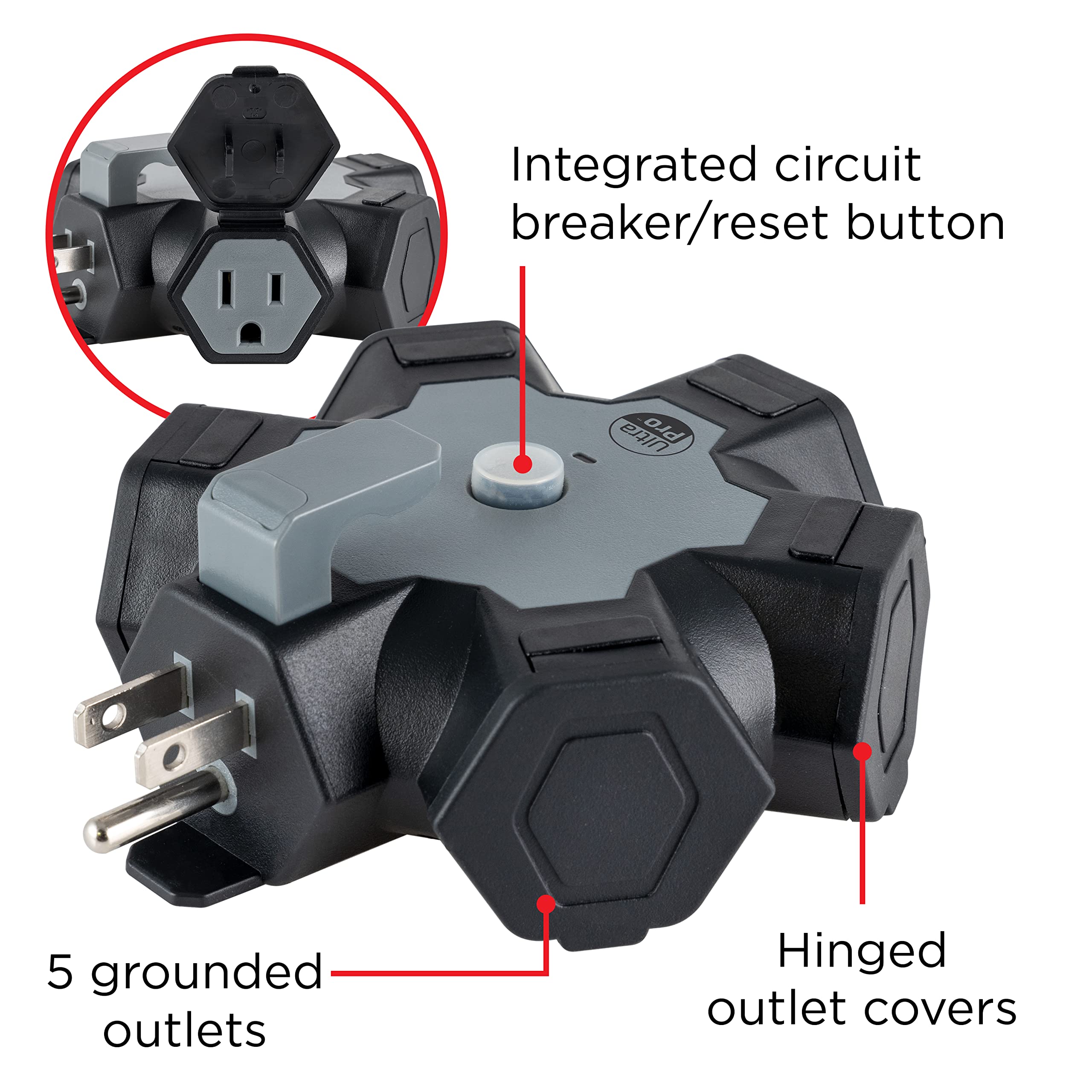 UltraPro Heavy Duty 5-Outlet Extender, Outdoor Extension Cord Adapter, Resettable Circuit Breaker and Storage Hook, Ideal for Seasonal Lighting, Decorations, Tools, and Appliances, Gray, 60213