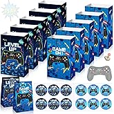 Geosar 30 Pack Video Game Party Favor Paper Bags Game on Goodie Candy Gift Bags with 30 Stickers Level up Reusable Goodie Treat Snacks Supplies for Boys Kids Gaming Birthday Party(Blue)