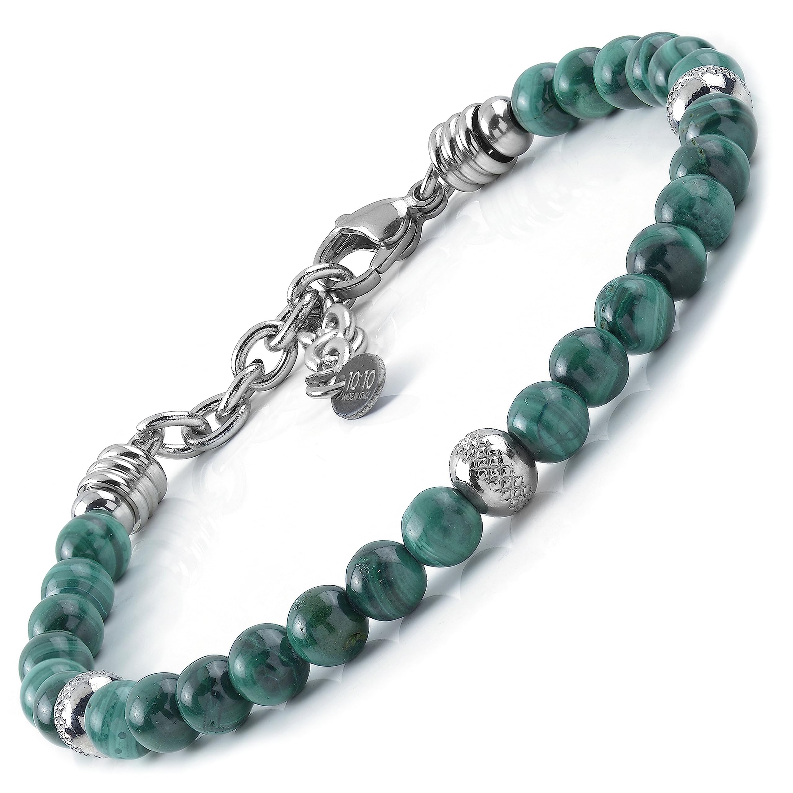 0:10 Stainless Steel Bracelet and Natural Malachite Stones 6 mm and Stainless Steel Beads, Bracelet for Men and Women Very Resistant Made in Italy.