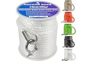 VEITHI Premium Anchor Rope 100 ft x 3/8 inch, Solid Braid MFP Anchor Line Boat Rope Marine Rope,Boat Anchor Rope with Thimble & Shackle - White