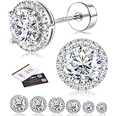 Moissanite Stud Earrings with Flat Back - 925 Sterling Silver D Color VVS1 Moissanite Earring for Women Men,14K White Gold Plated Brilliant Halo Stud Earrings Hypoallergenic Jewelry for Sensitive Ear