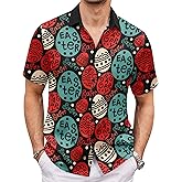 Easter Button Down Shirts for Men Funny Bunny Easter Eggs Print Short Sleeve Bowling Shirt