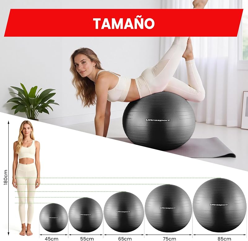 55cm Pelota de Pilates, Fitness, Yoga, Embarazo, Fitball para Ejercicios Gimnasia 55 cm I hasta 300 kg, Antideslizante, Anti-Burst I Hinchador Incluido, Beige