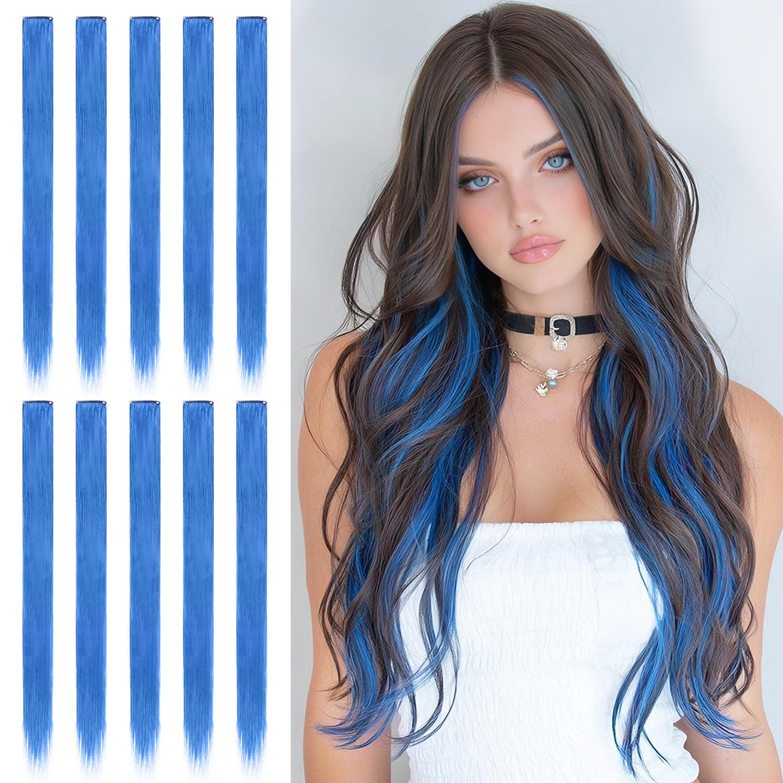 Sofeiyan Colored Hair Extensions Straight Hairpiece 22 Inch 10 Pcs Colorful Clip in Hair Extensions Synthetic Colored Party Highlights for Women, Blue — image 1