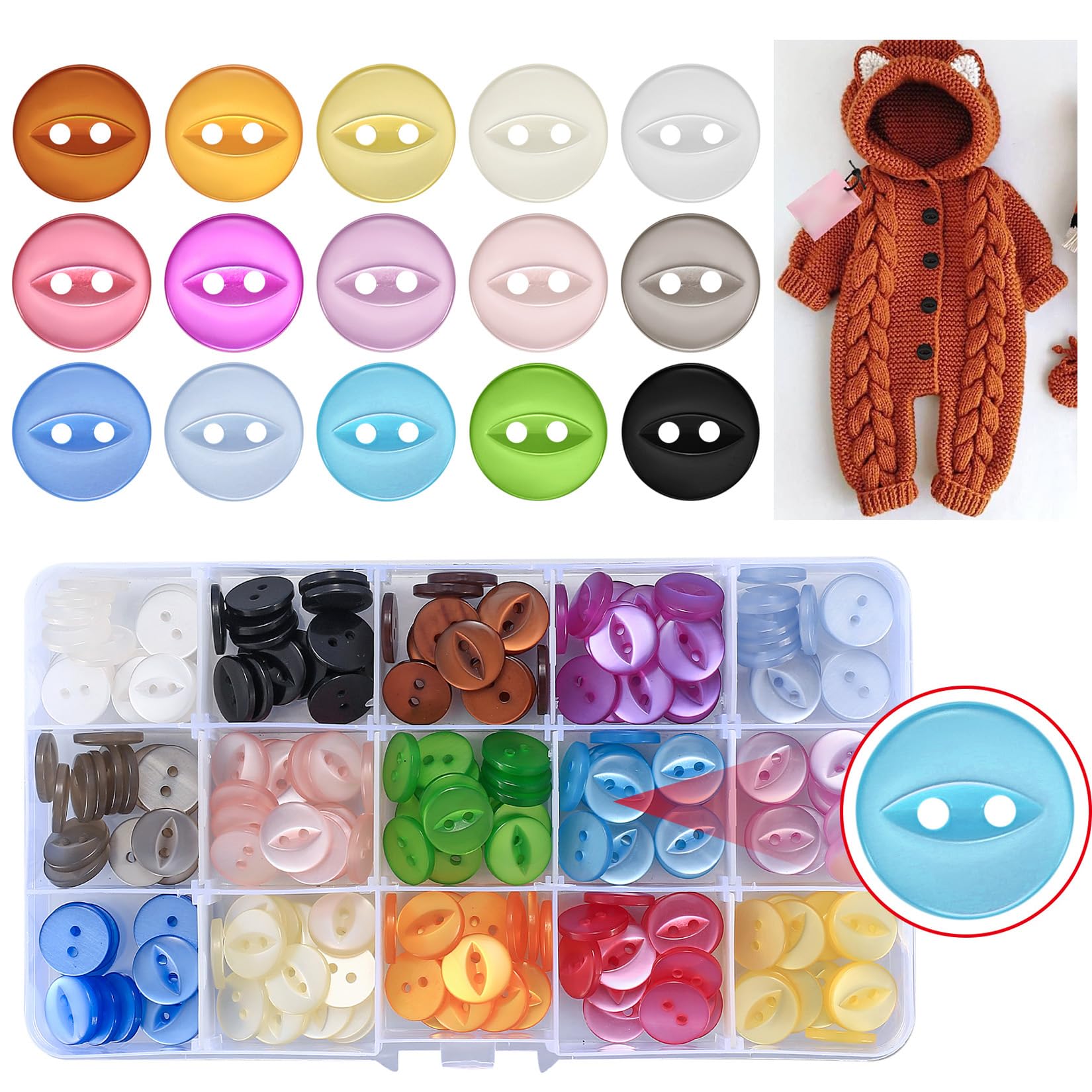 225PCS Multi-Color Baby Resin Buttons - 14mm Round Fisheye, 2 Hole for Baby Cardigans - Cream Buttons for Handmade Knitting Sewing (15 Colors)