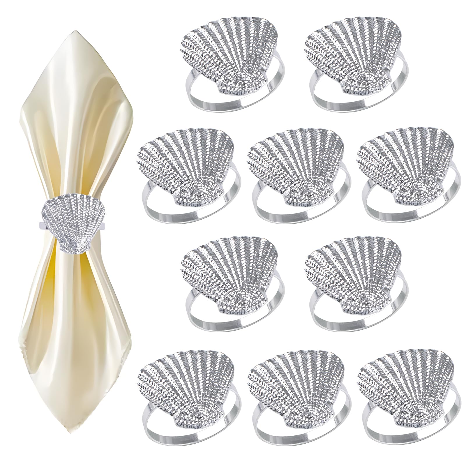 HICOHAND Silver Shell Napkin Holder Ring Set, 10PCS Metal Shell Shape Serviette Buckles Decor Dinner Napkin Rings for Family Dinner, Wedding, Gatherings, Party, Table Decorations