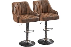 VECELO Bar Stools Set of 2, Adjustable Counter Height Barstools with Back and Arm, Swivel Bar Chair Stools for Kitchen Counter Island Cafe Dining Room, Industrial Style, Brown