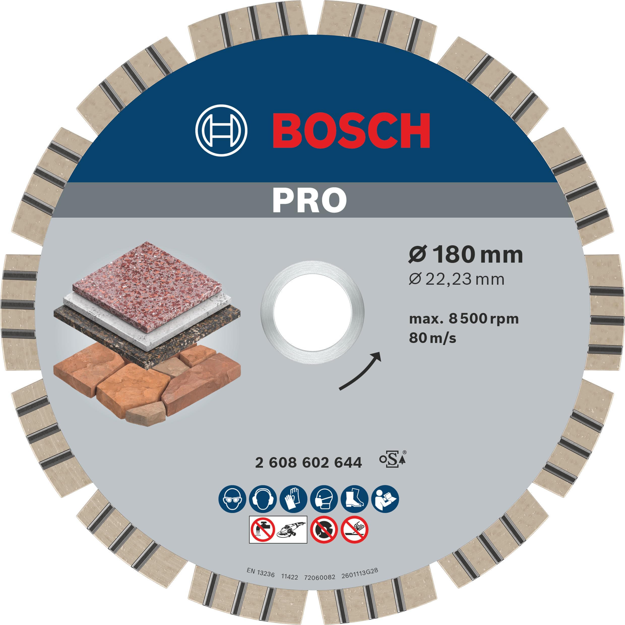 Bosch 1x PRO Stone Diamond Cutting Disc for Bore 22.23 and Large Angle Grinders (for Soft stone, Hard stone, Ø 180 mm, Professional Accessory Large Angle Grinder)