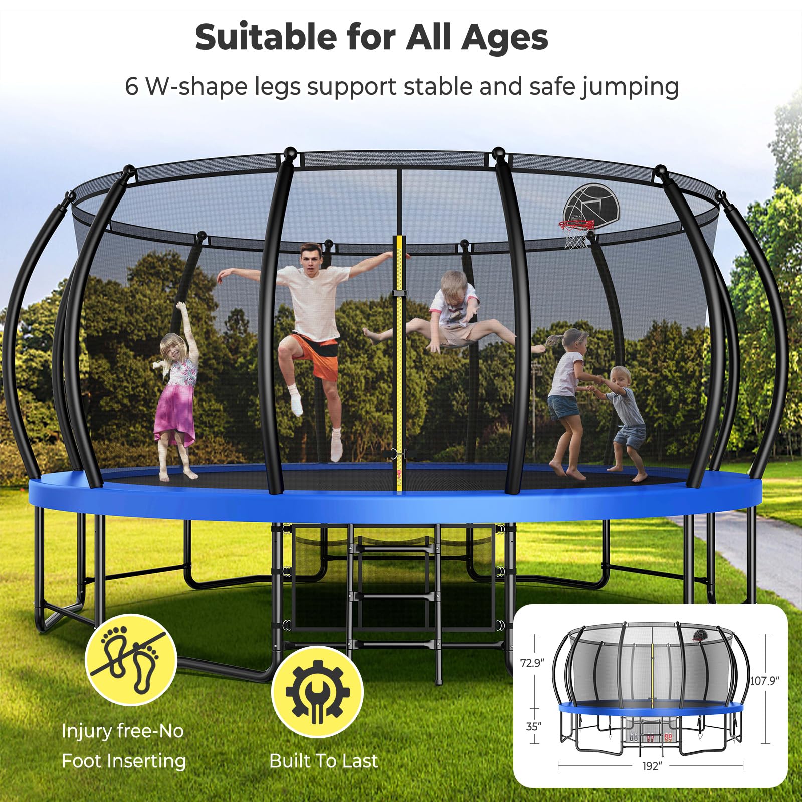 Lyromix Large Outdoor Trampoline with Basketball Hoop, 10-16FT with Lights for Kids and Adults, Recreational Trampoline with Sprinkler and Stakes
