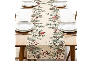 Seliem Winter Pine Needle Branches Table Runner, Pine Cone Cardinal Red Birds Berry Farmhouse Kitchen Dining Table Decor, Christmas Holiday Home Decoration Indoor Outdoor Party Supply 13 x 72 Inches
