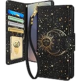 Toycamp for Samsung Galaxy S25 Ultra Wallet Case with Wrist Strap - Leather Flip Folio Phone Case with RFID Blocking 4 Card Slots Galaxy S25 Ultra Funda Cute Aesthetic for Women Lady, Black Sun Moon