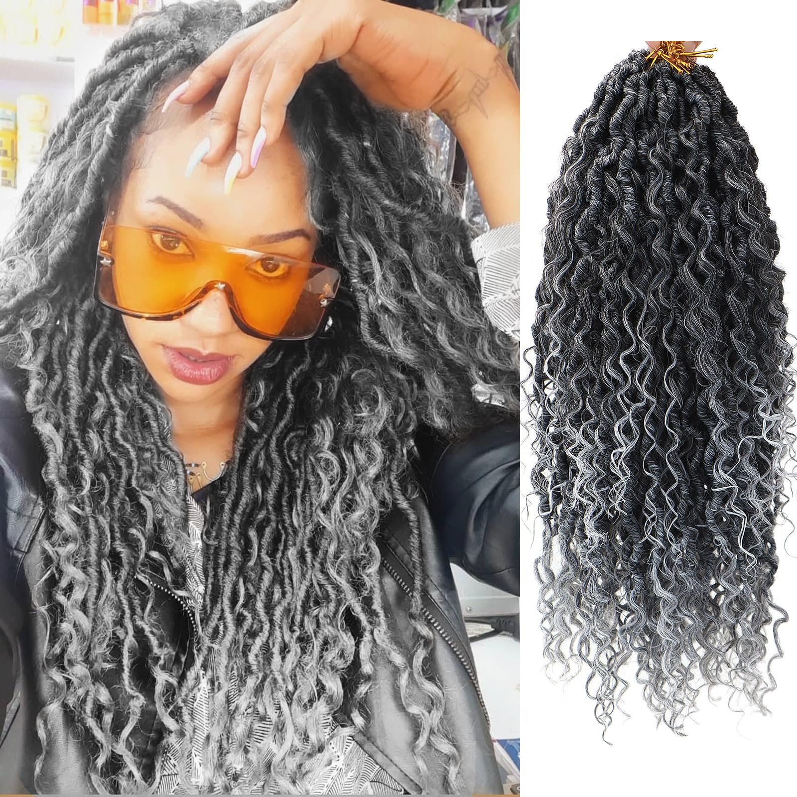 Photo 1 of ********READ CLERK COMMENTS********
8Packs Goddess Locs Crochet Hair 18Inch Boho Faux Locs,Crochet Loc With Curly Ends River Hippie Bohemian Loc Crochet Hair for Black Women(1B/Gray, 18inch(Pack of 8))