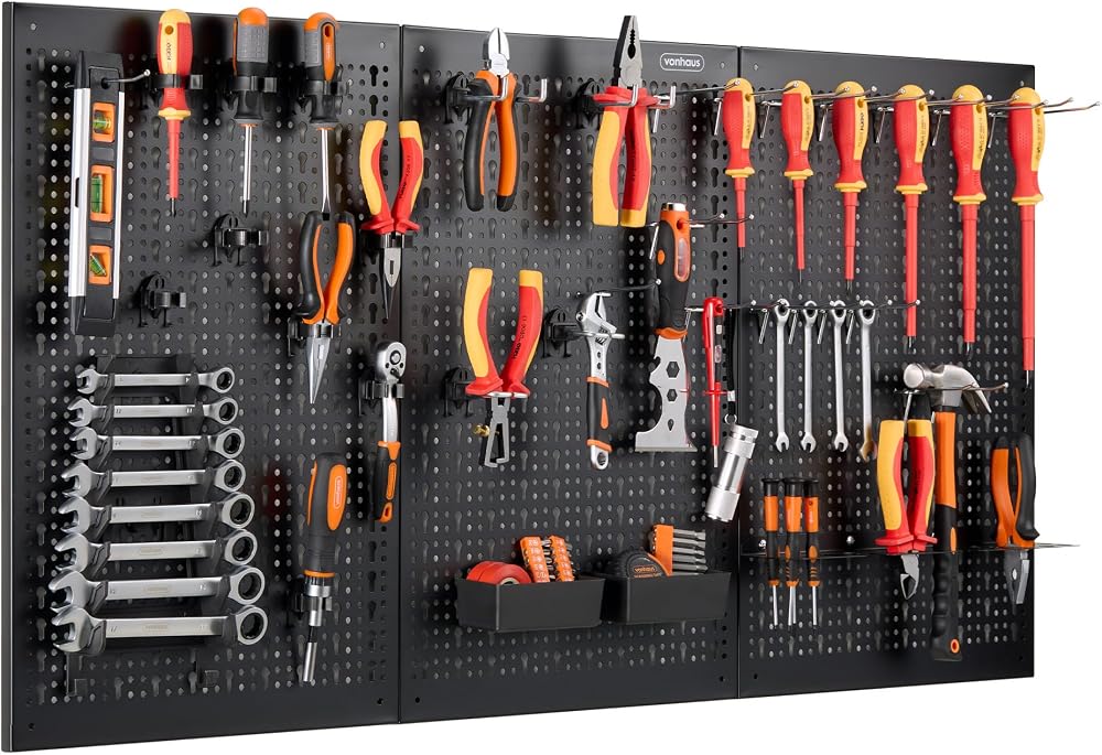 VonHaus Tool Pegboard 44pc Wall Storage Organiser for Shed Garage
