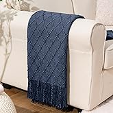 BATTILO HOME Navy Blue Throw Blanket with Fringe, Geometric Bed Blue Throws, Spring Decorative Large Throw for Couch Sofa Indoor Outdoor, 52"x80"
