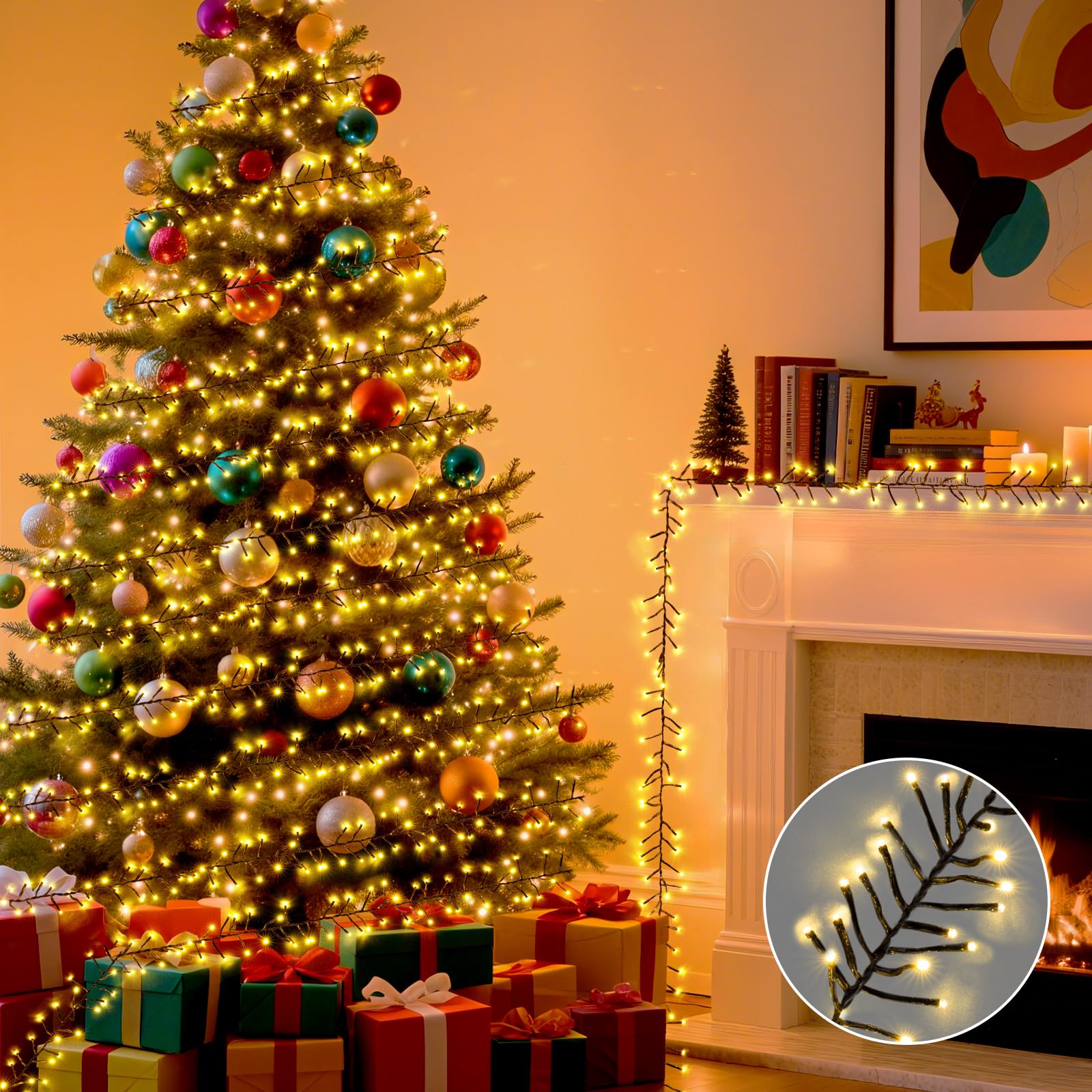 Photo 1 of 1000 LED 50FT Cluster String Lights, Outdoor Warm White Waterproof Christmas Tree Firecrackers String Lights with 8 Modes & Timer, Plug in Twinkle Fairy Lights Decor for Indoor Xmas Party Bedroom